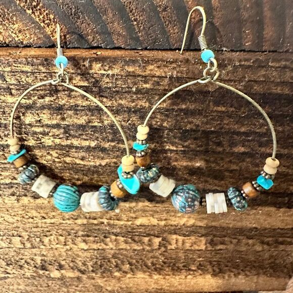 Handmade Western Hippie Copper Wire Turquoise Wooden Beads Drop Earrings, Gift - Picture 1 of 8